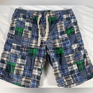 American Eagle Men's Plaid Dorm Shorts - Blue and Green. Size XL